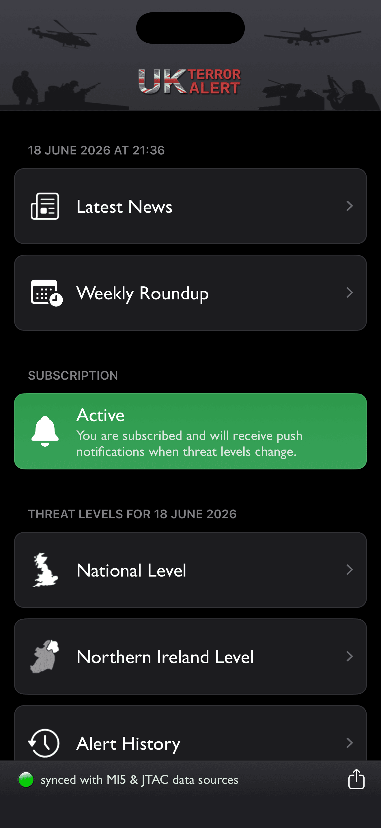 UK Terror Alert app showing the home screen with current threat levels and push subscription status