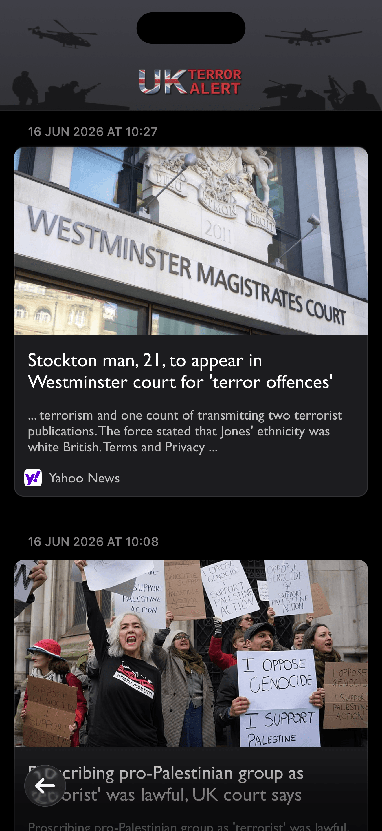 UK Terror Alert news feed showing latest counter-terrorism articles