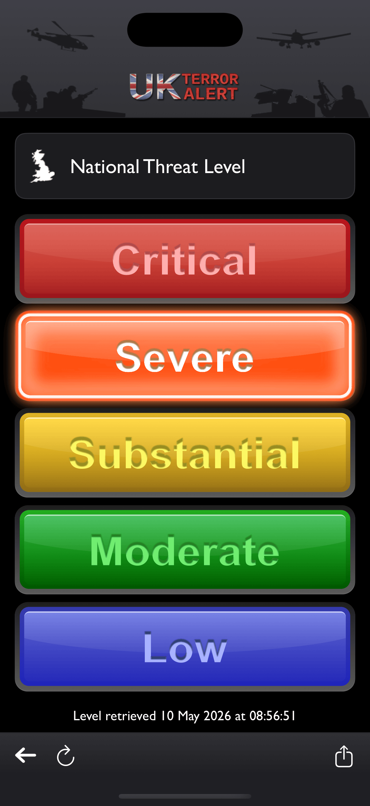 Five UK threat levels from Critical to Low