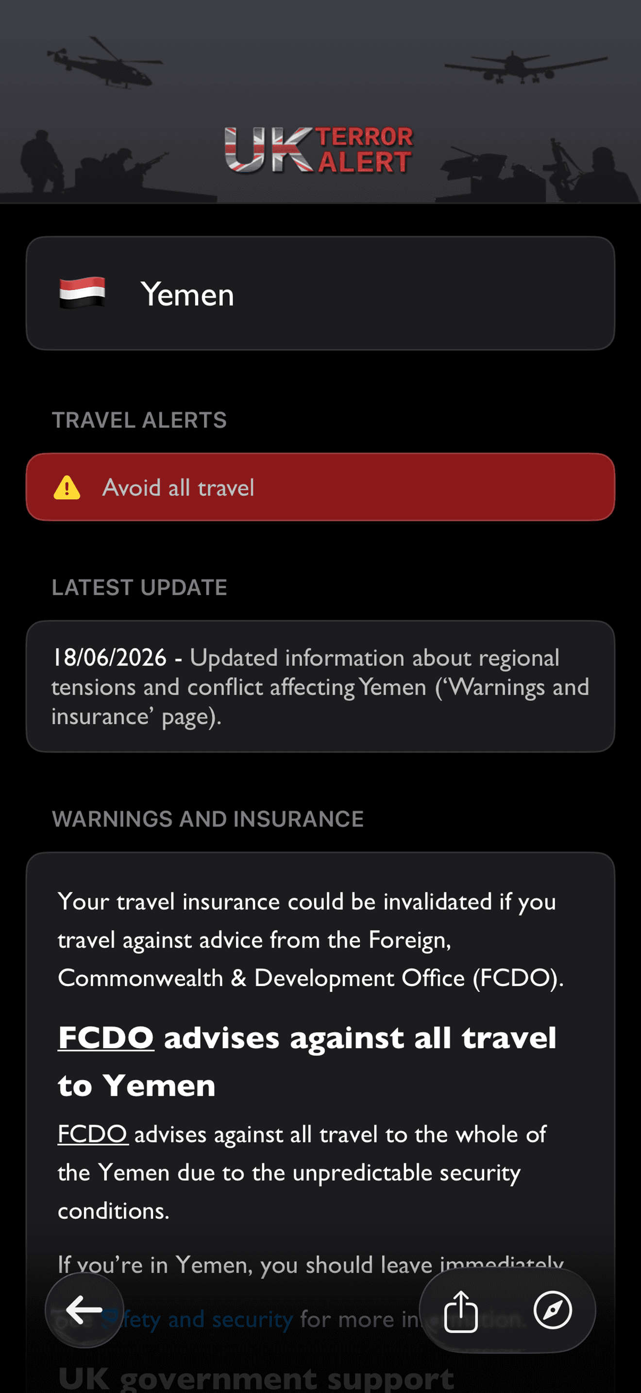 Country travel-risk detail screen for Iraq showing FCDO advice