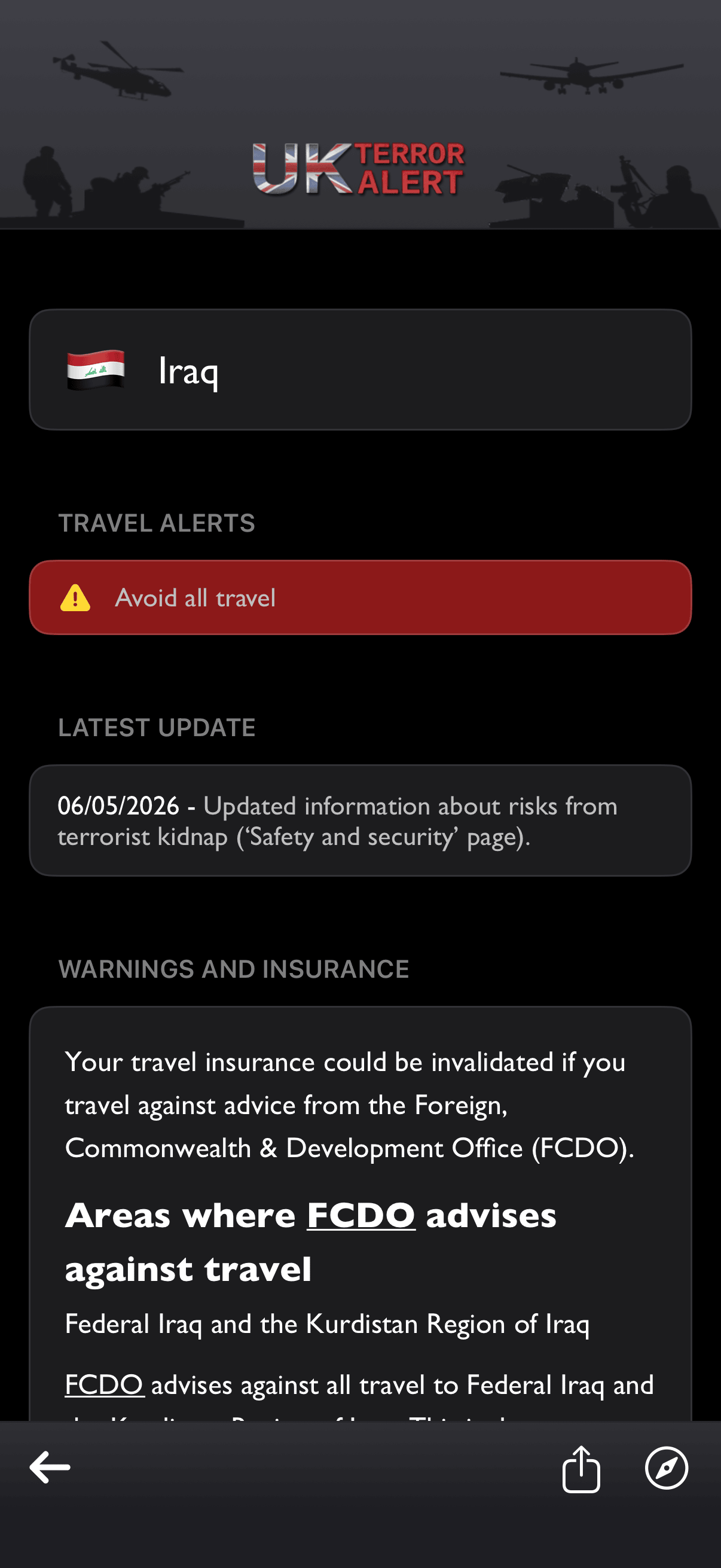 Country travel-risk detail screen for Iraq showing FCDO advice