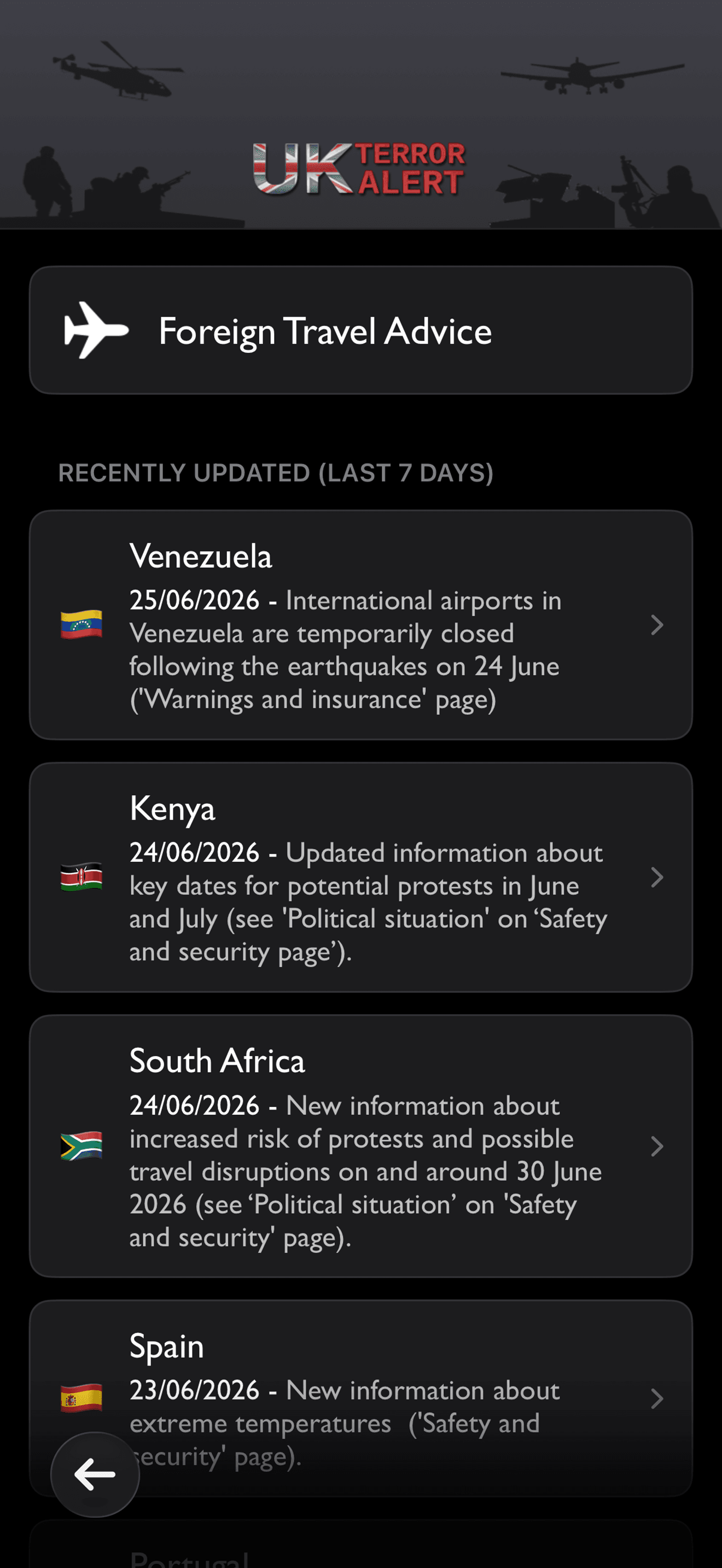 FCDO travel advice for various countries
